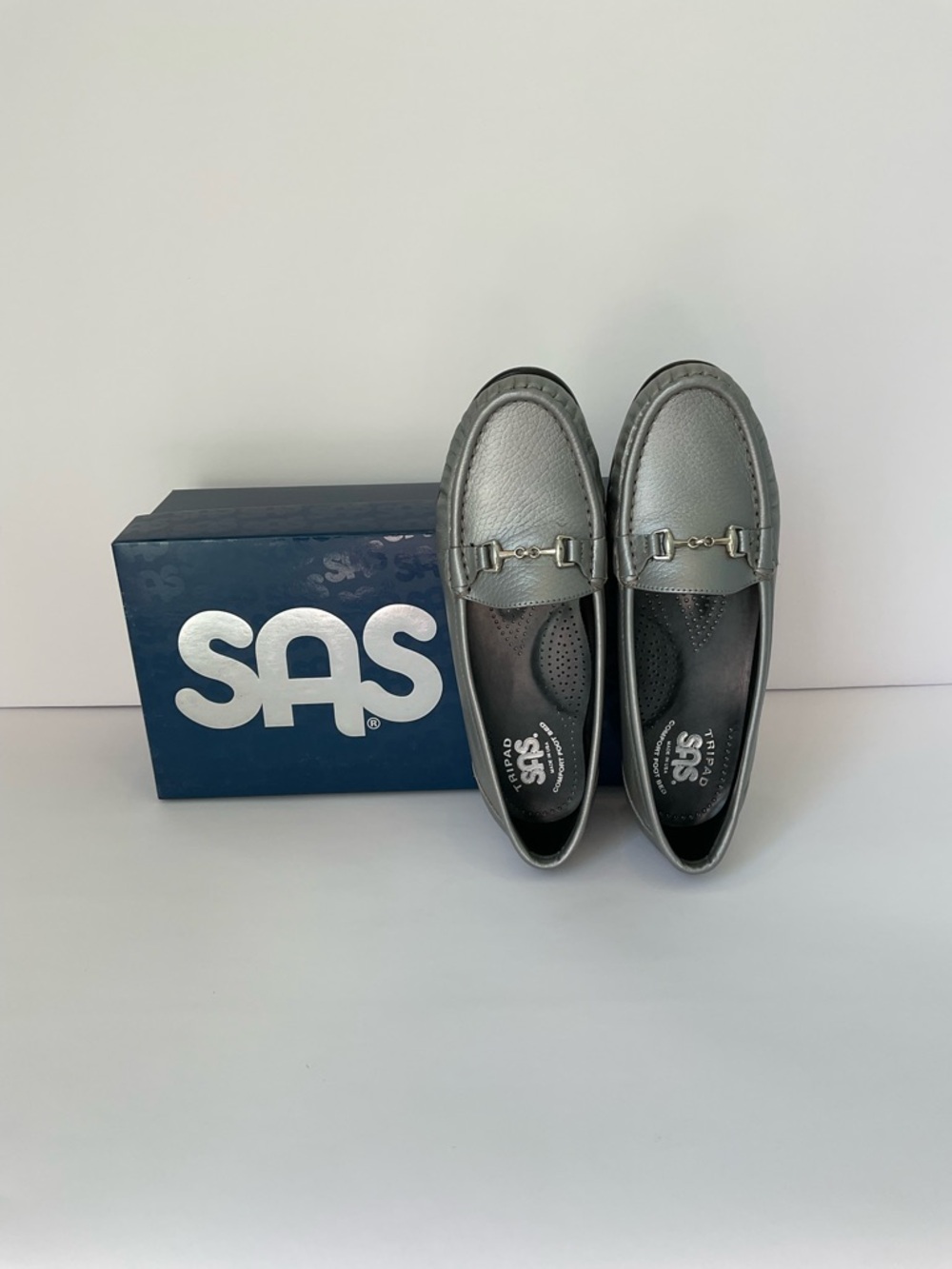 SAS Metro-M Pewter Pebbled Leather Slip-On Loafers with Silver Buckle Detail